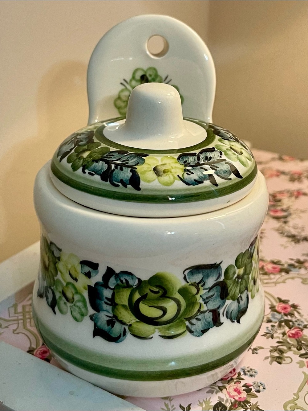 POLISH POTTERY SALT CELLAR Wall-Mount FAJANS FACTORY - Green Floral
